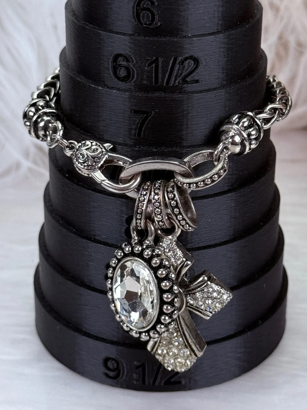 Vintage Silvertone Statement Bracelet Cross Oval Charm Decorative Hook Closure